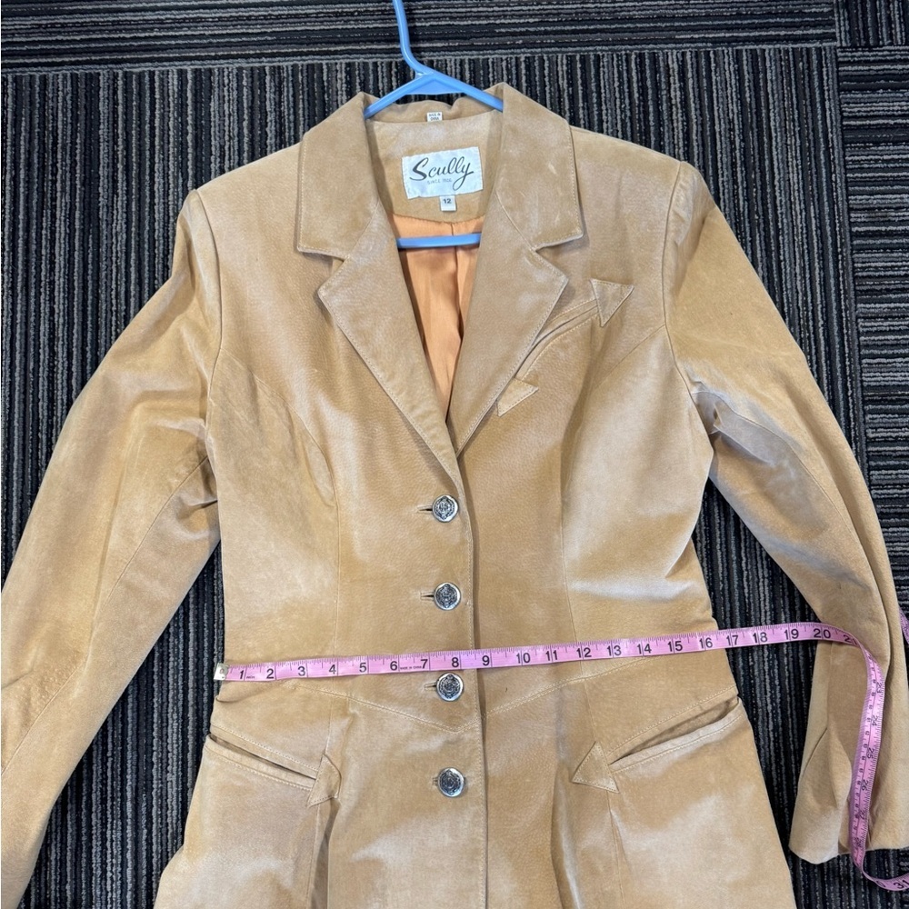 Scully Womens Tan Suede Leather Western Coat Arrow Applique Crest Button Size 12 - Picture 13 of 15